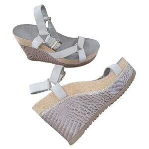 Tory Burch Brenden Croc Leather Wedge Greige size 10 Ankle‎ Strap Gold Hardware